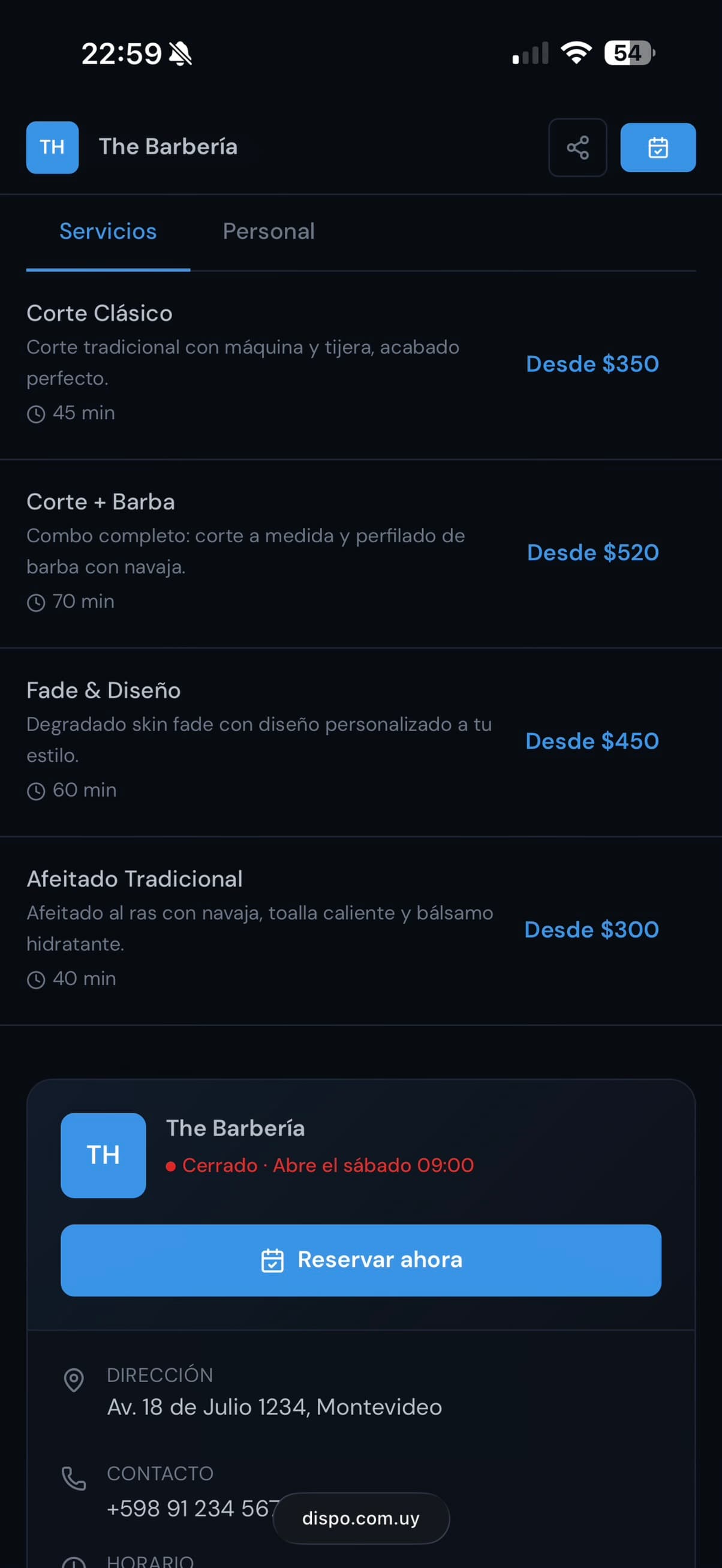 Lista de servicios disponibles en Dispo